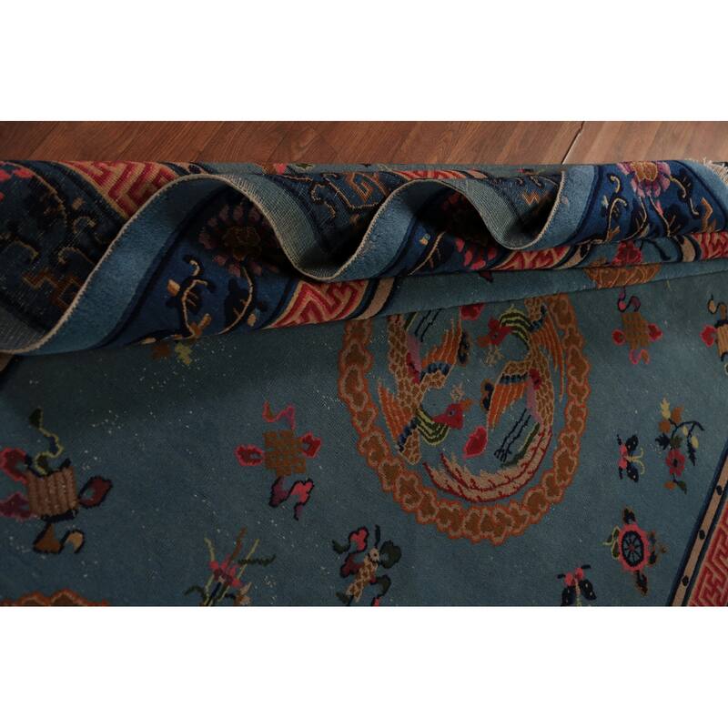 Vegetable Dye Blue Art Deco Chinese Vintage Handmade Wool Carpet - 6'5" x 9'7"