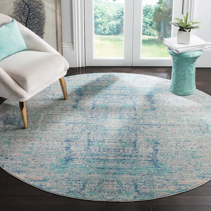 SAFAVIEH Mystique Laurette Watercolor Oriental Polyester Rug - 6'7" Round - Light Blue/Multi