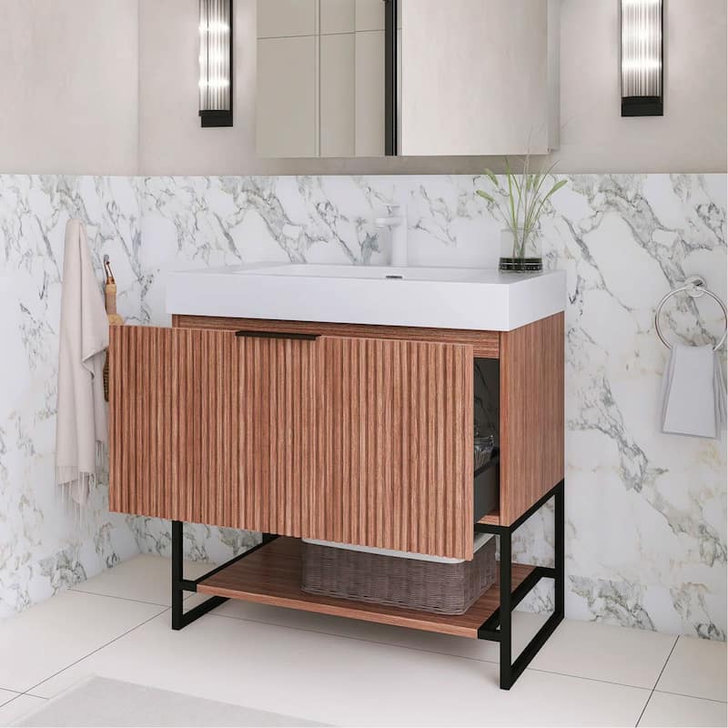 Freestanding Bathroom Vanity with White Integrated Solid Surface Sink