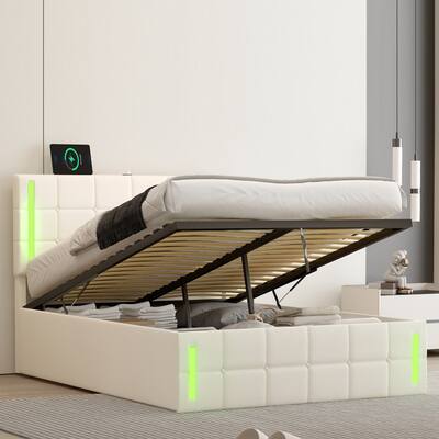 Full Size Upholstered Bed Platform Bed with Hydraulic Storage System, LED Bed Frame with USB Charging Station