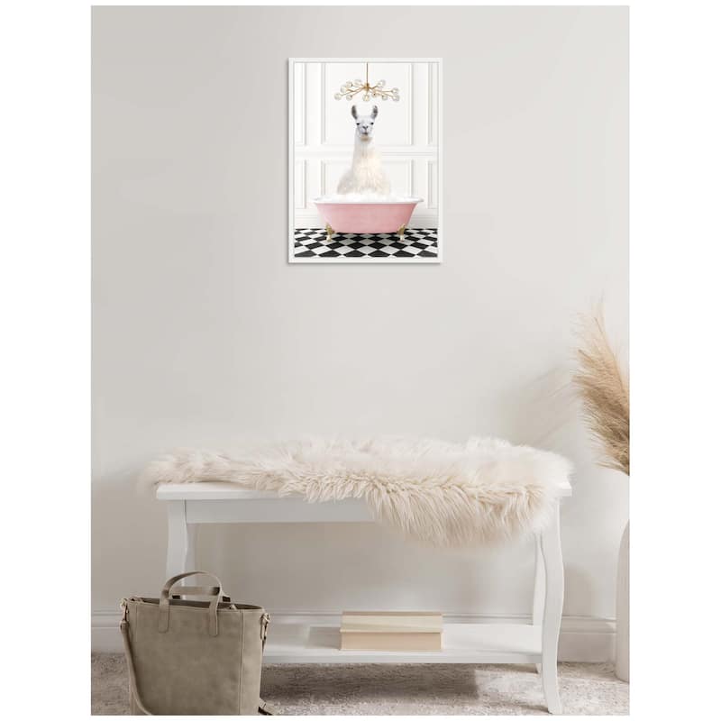 Kate and Laurel Sylvie Llama in Pink Bathtub on Checker Floor Framed Canvas by Amy Peterson