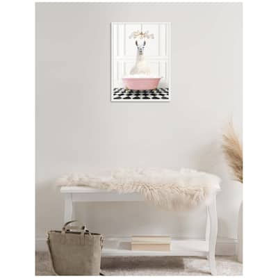 Kate and Laurel Sylvie Llama in Pink Bathtub on Checker Floor Framed Canvas by Amy Peterson