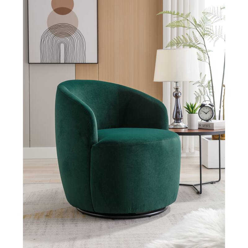 Modern Barrel Swivel Accent Chair with Metal Base, Round Velvet Upholstered Reading Chair w/ Curved Back for Living Room Bedroom