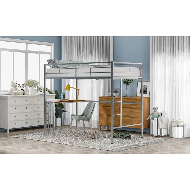 Twin Metal Loft Bed with Desk, Ladder, and Guardrails for Compact Bedrooms