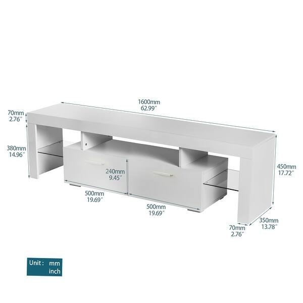 63'' RGB LED High Glossy TV Stand with 2 Tie-Rod Drawer& 2 Glass Shelf ...