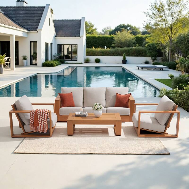 Outdoor Conversation Set 4-Piece Eucalyptus Wood 3-Seater Sofa Weather‑resistant Rope Weave with Coffee Table