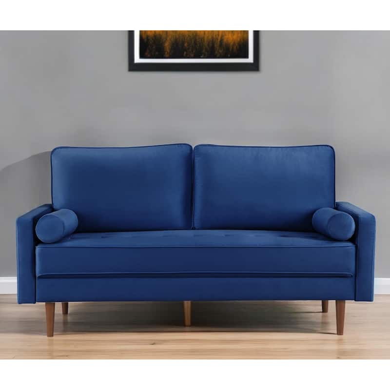 HomeRoots 69" Blue Velvet Sofa And Toss Pillows With Dark Brown Legs - 69