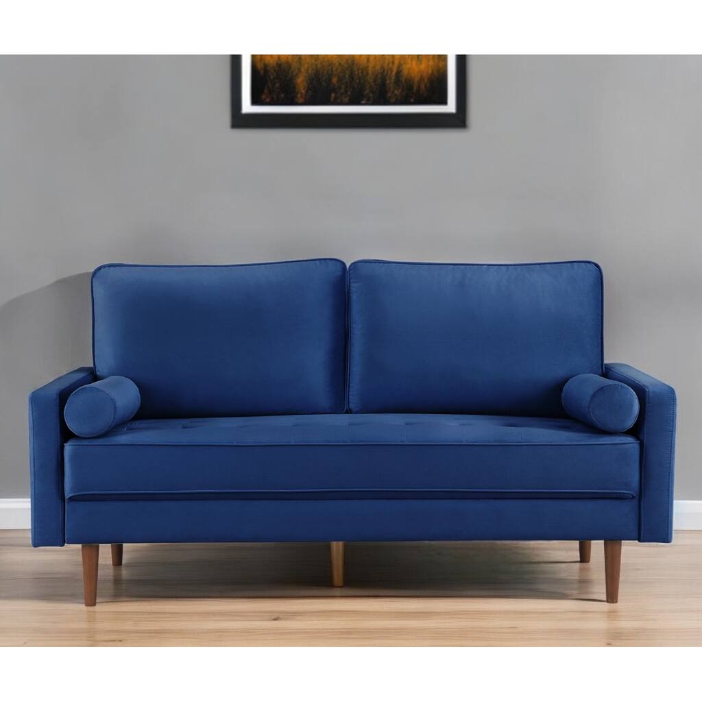 HomeRoots 69" Blue Velvet Sofa And Toss Pillows With Dark Brown Legs - 69
