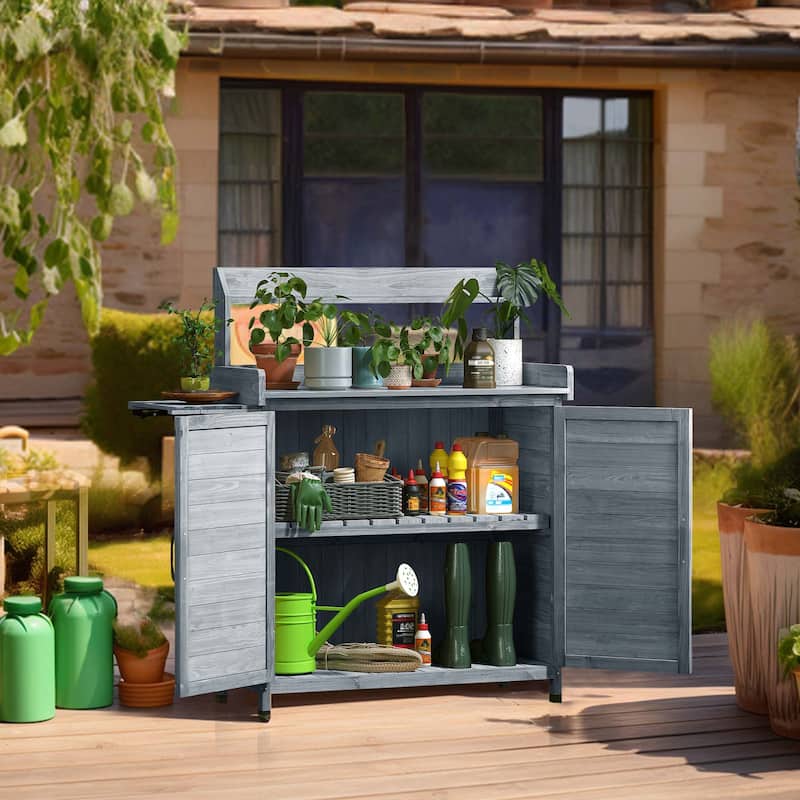Moasis 47.4″H All Weather Outdoor Potting Bench Table Wooden Storage Cabinet with Foldable Pallet and Removable Plate - Grey