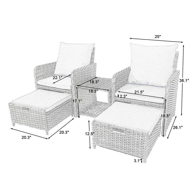 Patio 5 Pieces Rattan Cushioned Conversation Set With Ottoman Coffee Table