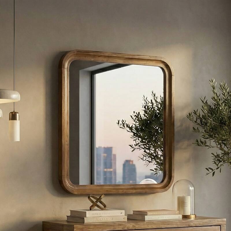 Roundhill Furniture Eldren Wood Frame Mirror, Walnut Finish