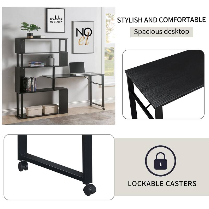Versatile Home Office L-Shaped Desk with 5-Tier Storage, Adjustable Setup, Lockable Casters, and Sturdy Steel Frame