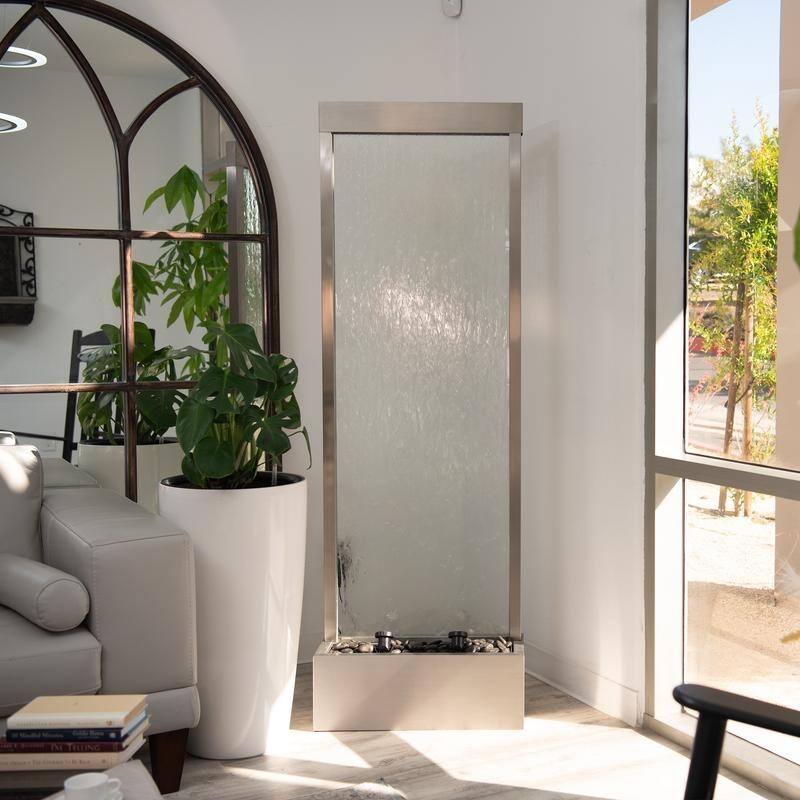 XBrand 72" Steel/Glass Free-Standing Waterfall Fountain w/ Pump, LED Lights and Rocks