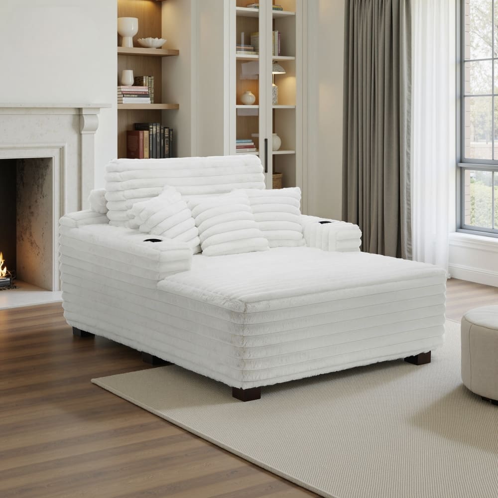 53"W Oversized Plush Fur-Like Chaise Lounge Sofa with Cup Holder