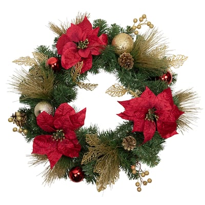 Poinsettias Ball Ornaments Artificial Christmas Wreath 24-Inch, Unlit