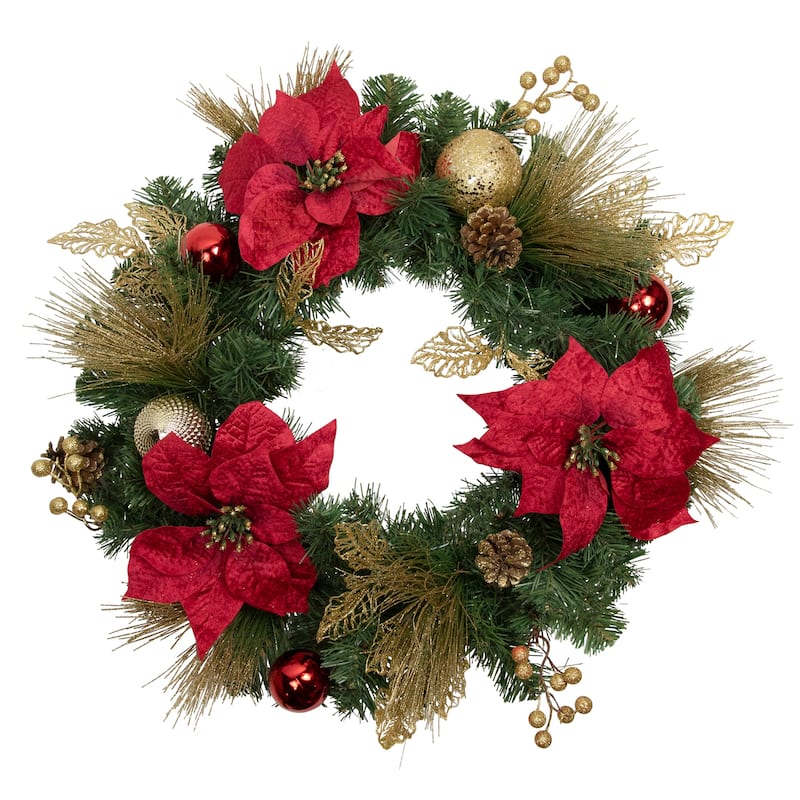 Poinsettias and Ball Ornaments Artificial Christmas Wreath - 24-Inch Unlit - 24"
