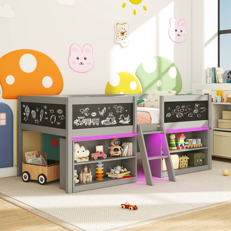 Twin Size Low Loft Bed with LED Lights and Storage Shelves Chalkboards Guardrails and Ladder