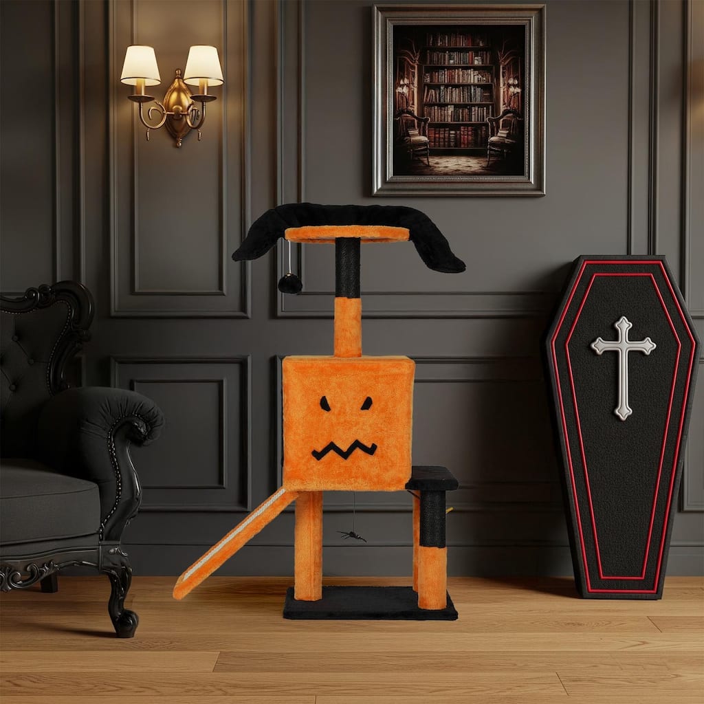 39" Halloween Cat Tree with Condo, Sisal Scratching Posts & Toys - 25.2" L × 12.0" W × 39.0" H