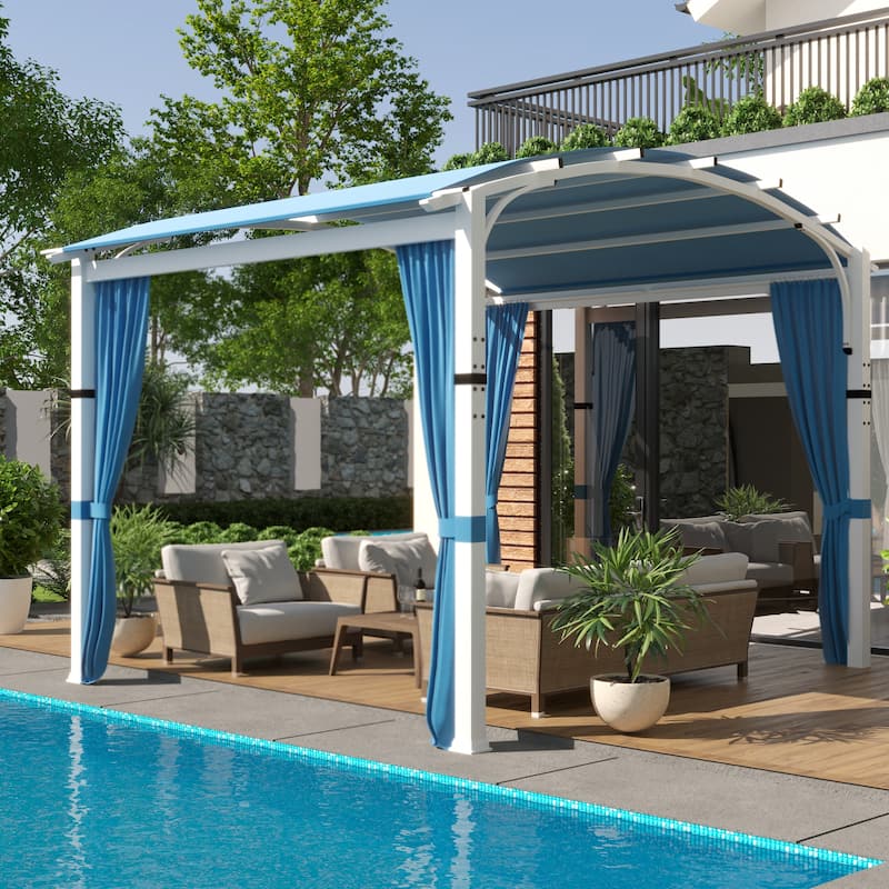 Cozywor 10 ft. x 10 ft. White Steel Patio Arched Pergola with Blue Shade Canopy and Curtains - Blue