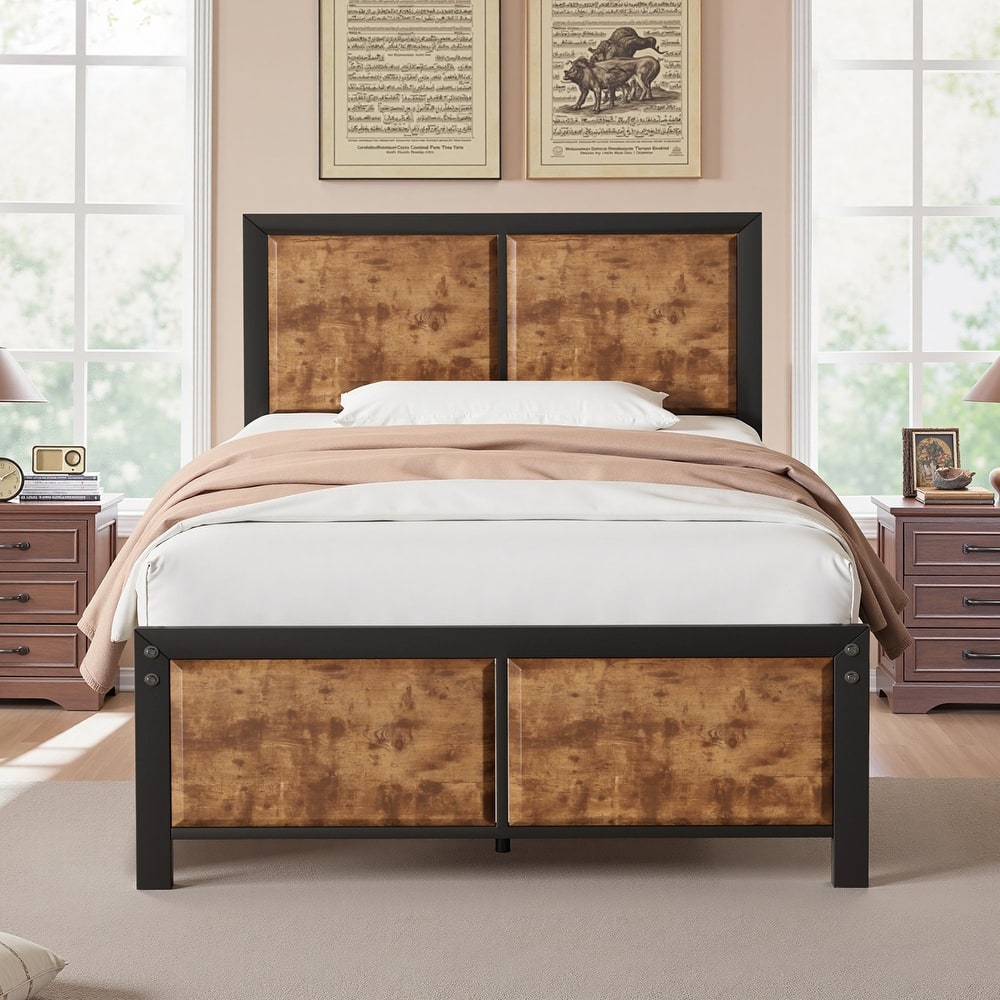 VECELO Platform Bed Frame with Wooden Headboard Heavy Duty Steel Slats Support No Box Spring Needed