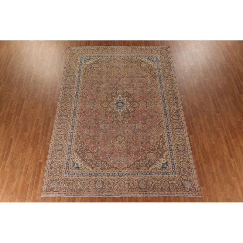 Traditional Pink Mashad Persian Vintage Rug Hand-Knotted Wool Carpet - 8'10"x 12'5"