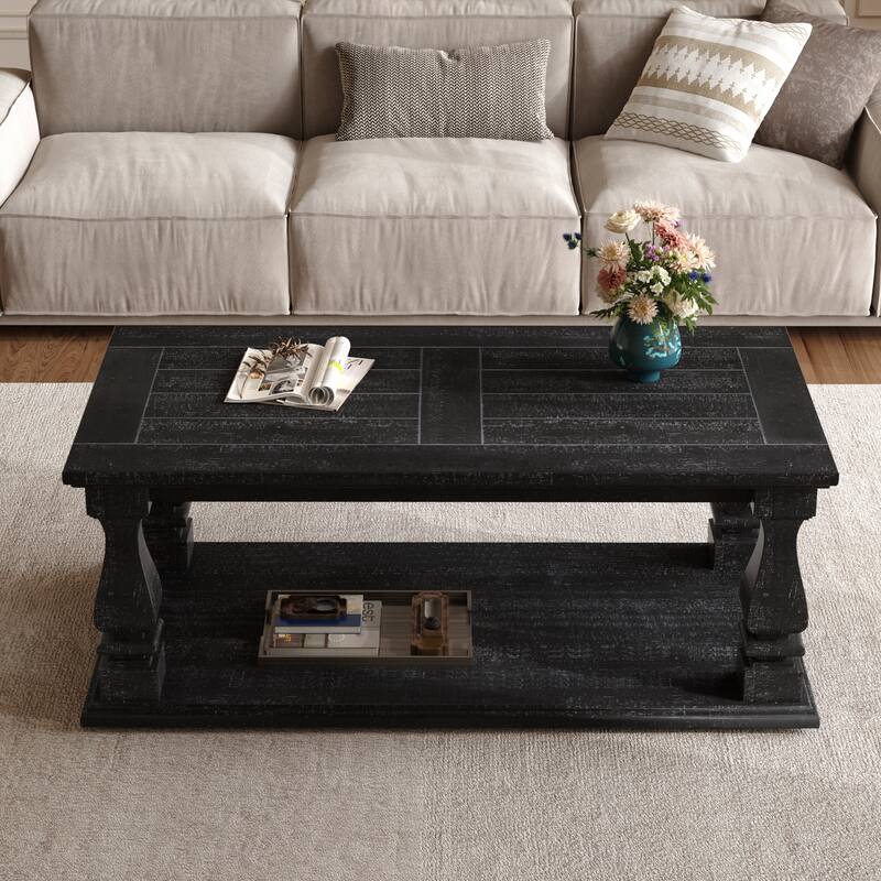 47" Black Farmhouse Coffee Table with Heavy Planked Top and Storage Shelf