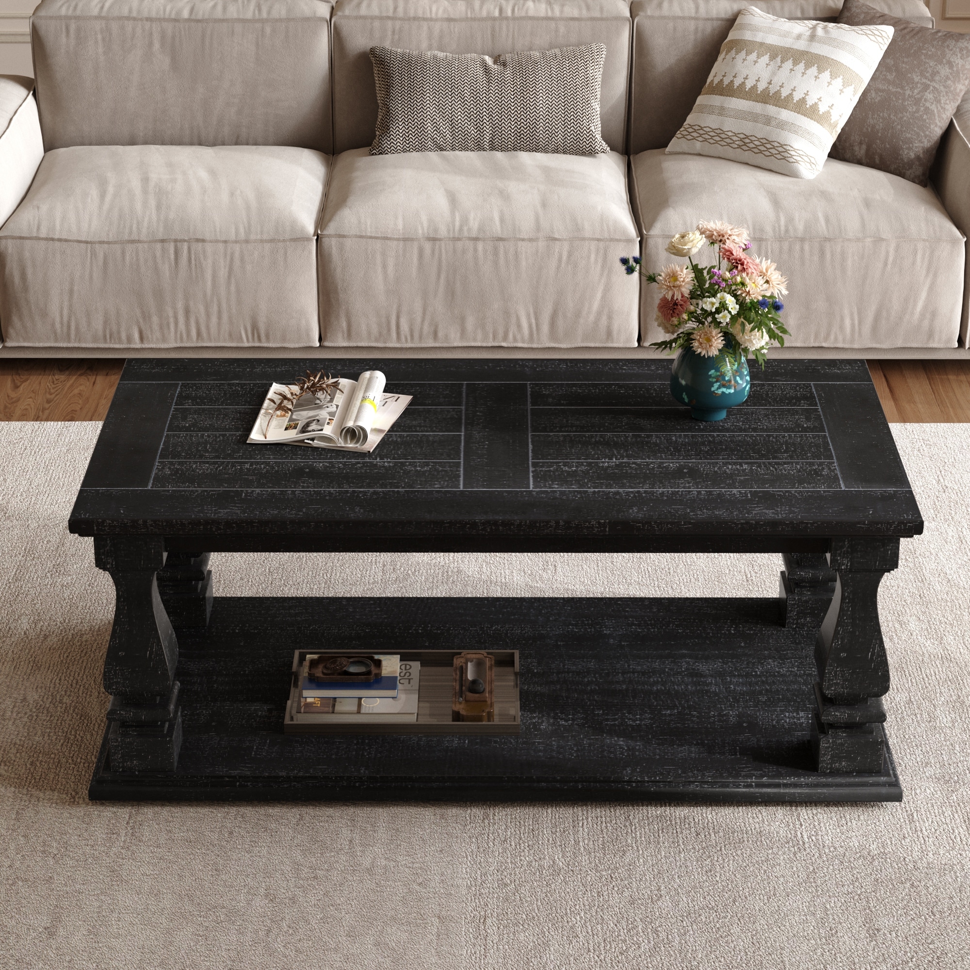 Farmhouse Wooden Coffee Table with Storage Shelf and Square Baluster Legs, Antique Black by GDFStudio