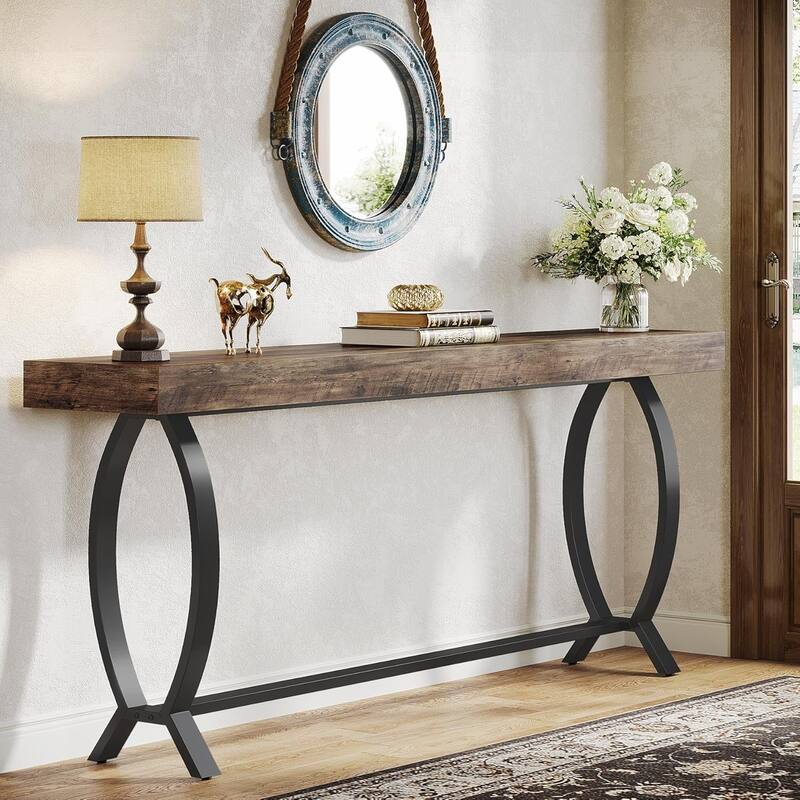 70.87" Farmhouse Console Table with Fish Tail Legs - Extra Long Sofa Table Behind Couch, Narrow Vintage Entryway Table - Brown