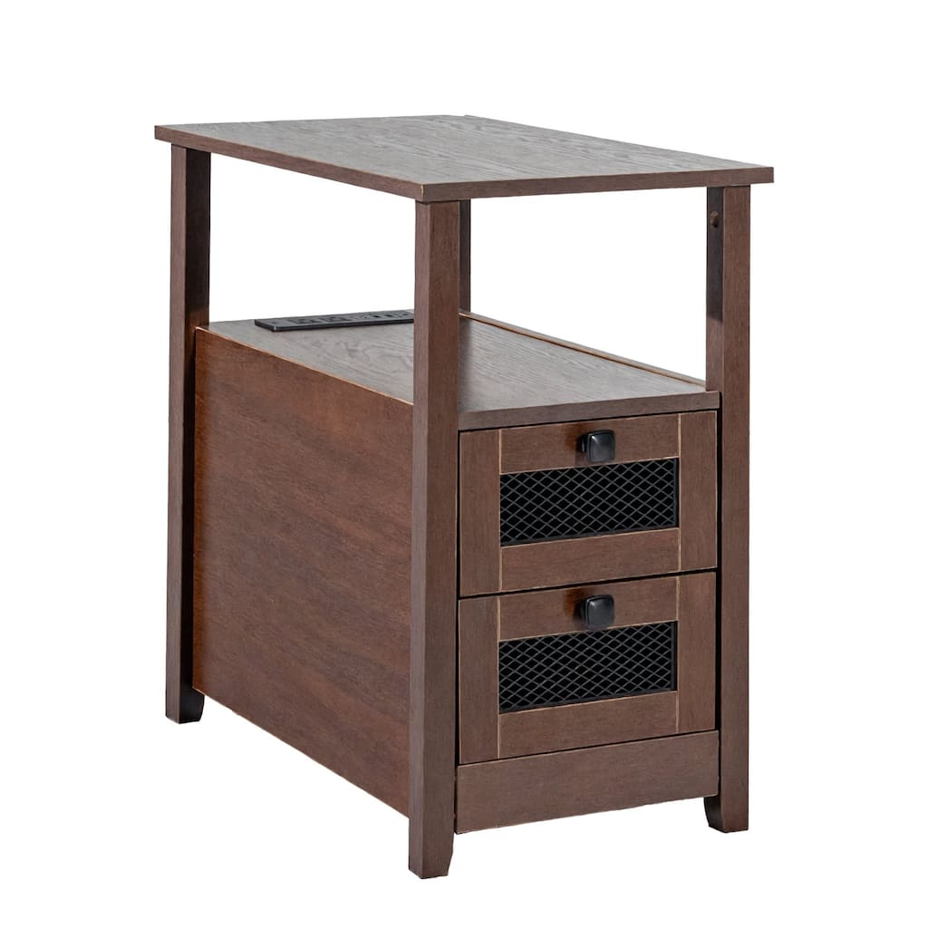 Brown Wood Farmhouse End Table with Drawers and Charging Station - 23.98” L x 14.02” W x 24.02” H
