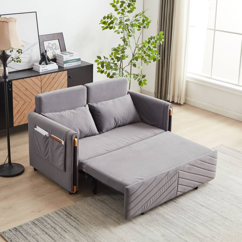 54" Velvet Pull-Out 2-Seater Sofa Bed with Adjustable Backrest & 2 Pillows