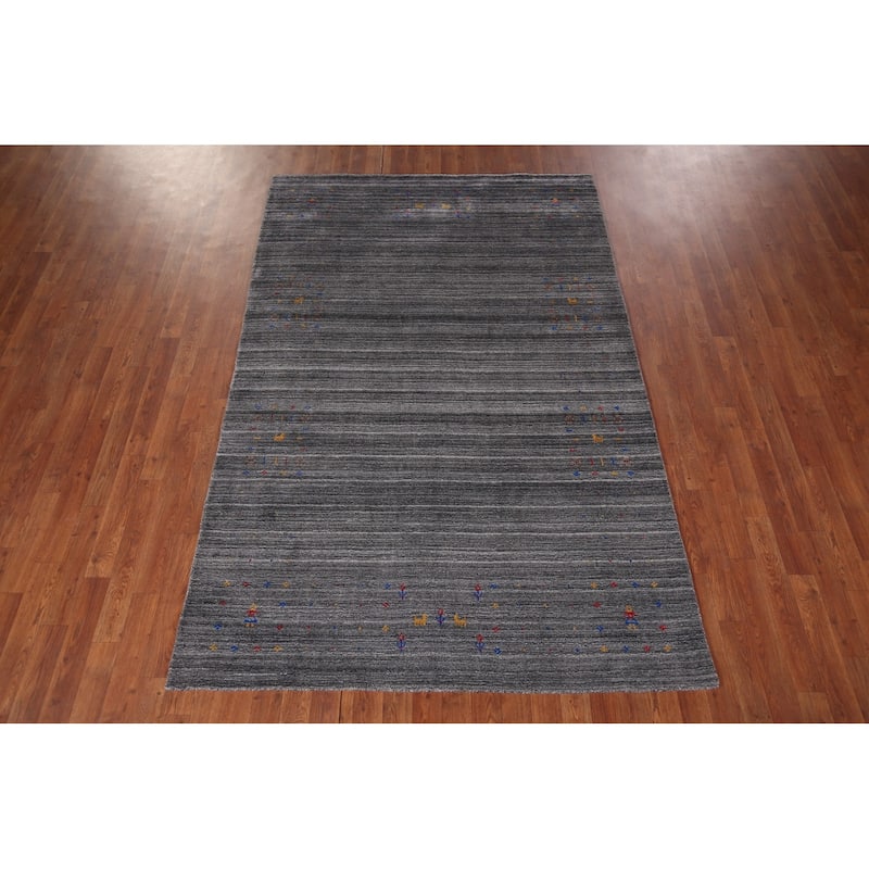Striped Tribal Gabbeh Indian Area Rug Hand-Knotted Wool Carpet - 5'2"x 7'10"