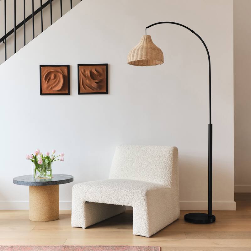 Brightech Lark 75 in Classic Matte Black Modern 9W 800Lm 3000K LED Contemporary Arc Floor Lamp With Beige Rattan Bell Shade