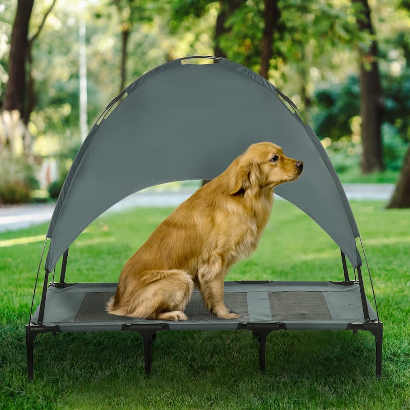 PawHut 48" x 36" Elevated Dog Cot Cooling Pet Bed With UV Protection Canopy Shade