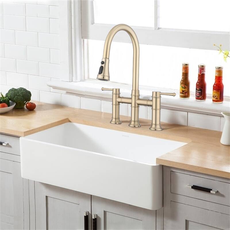 Bridge Kitchen Faucet With Pull Down Sparyer 3 Hole Kitchen Sink Faucet Double Handle 304 Stainless Steel Taps