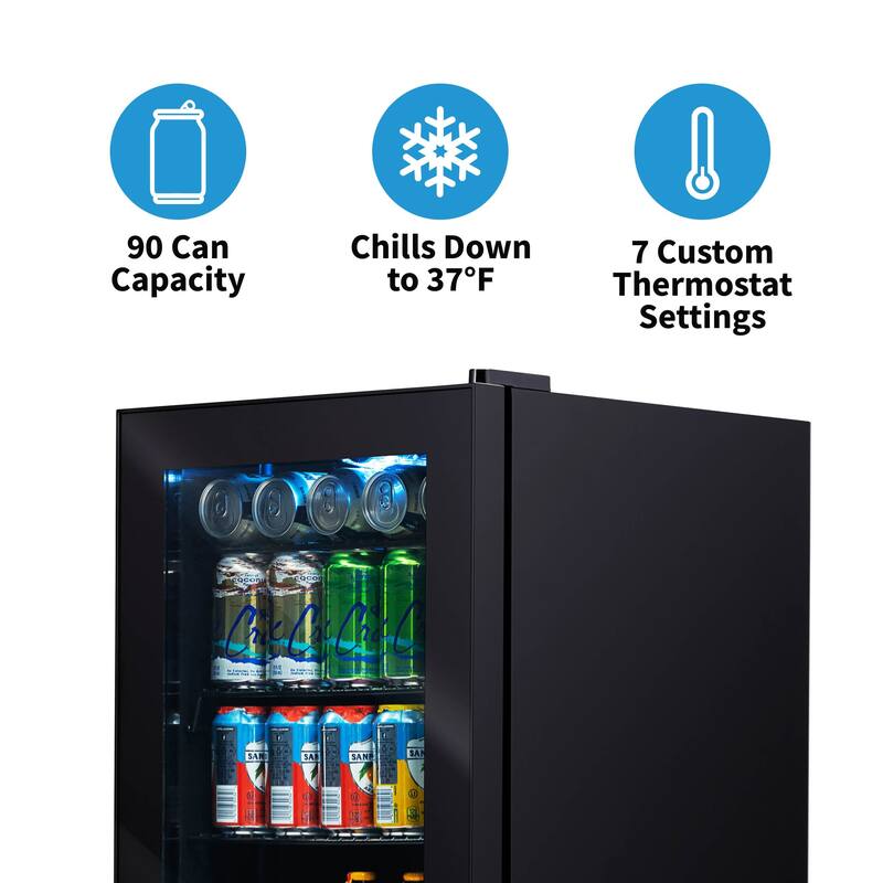 Newair 90 Can Freestanding Beverage Fridge in Onyx Black, Compact with Adjustable Shelves and Lock