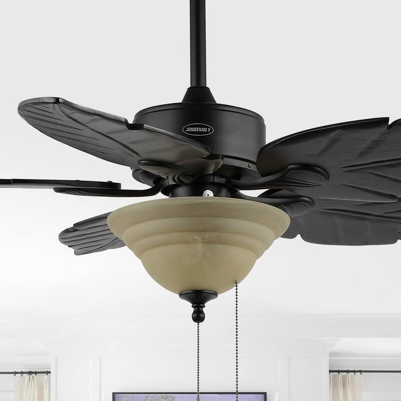 Owen 52" 3-Light Coastal Bohemian Iron/Wood Palm Leaf LED Ceiling Fan with Pull Chain, by JONATHAN Y