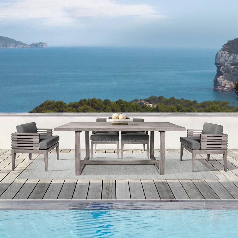 Vivid Solid Eucalyptus Wood Outdoor Patio 5 Piece Dining Set with Olefin Cushions - Light Gray/Gray