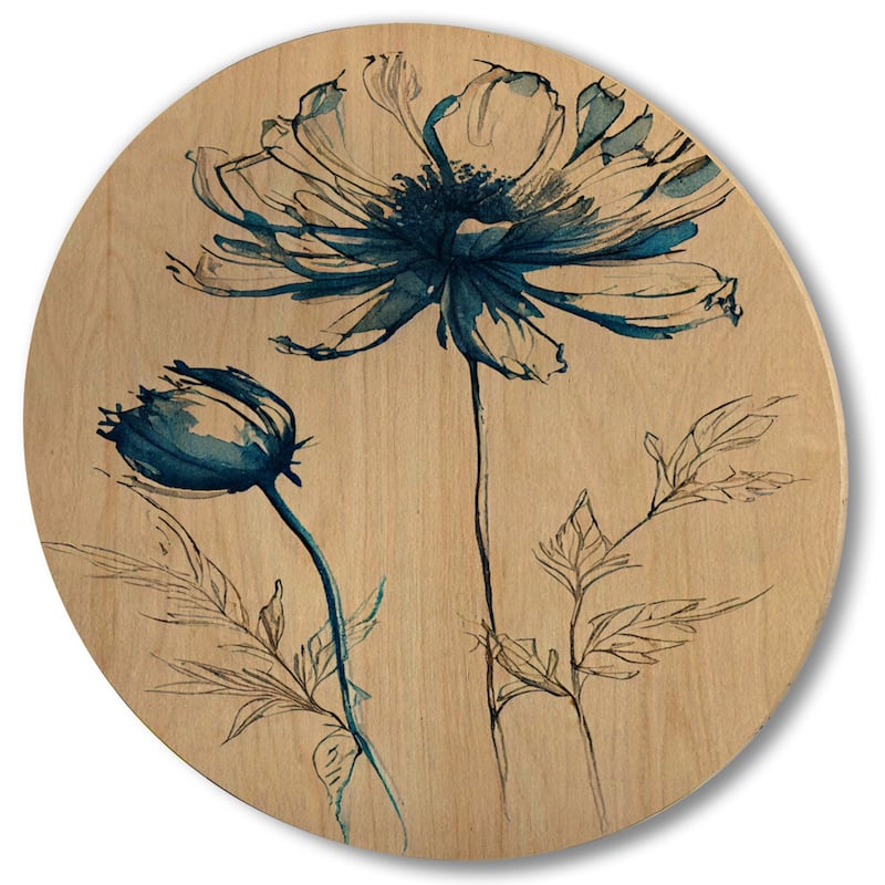 Designart "Indigo Flower Blossoming II" Floral Wood Wall Art - Natural Pine Wood