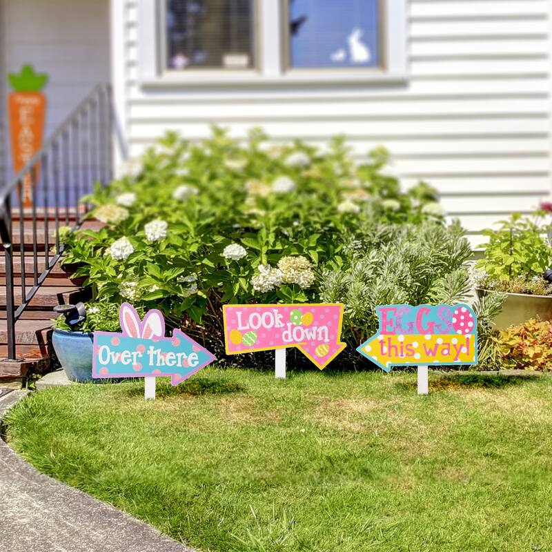 Glitzhome Set of 3 Easter Eggs Wooden Sign Yard Stakes