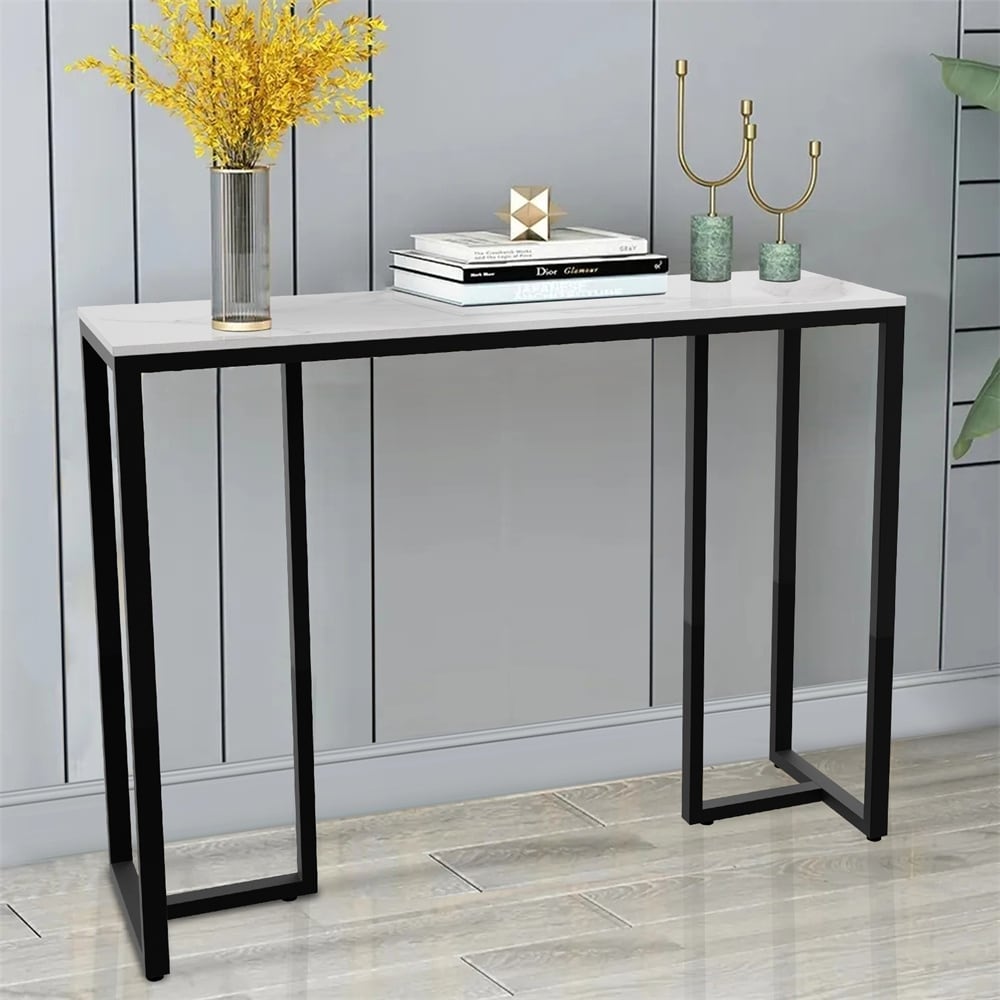 UNHO Modern White Marble Sofa Table with Metal Legs Console Table