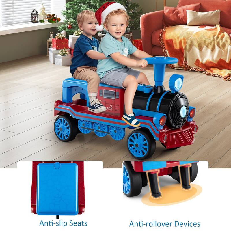 Gymax 12V 2-Seater Ride on Toy w/ Train Whistle LED Lights Music & USB