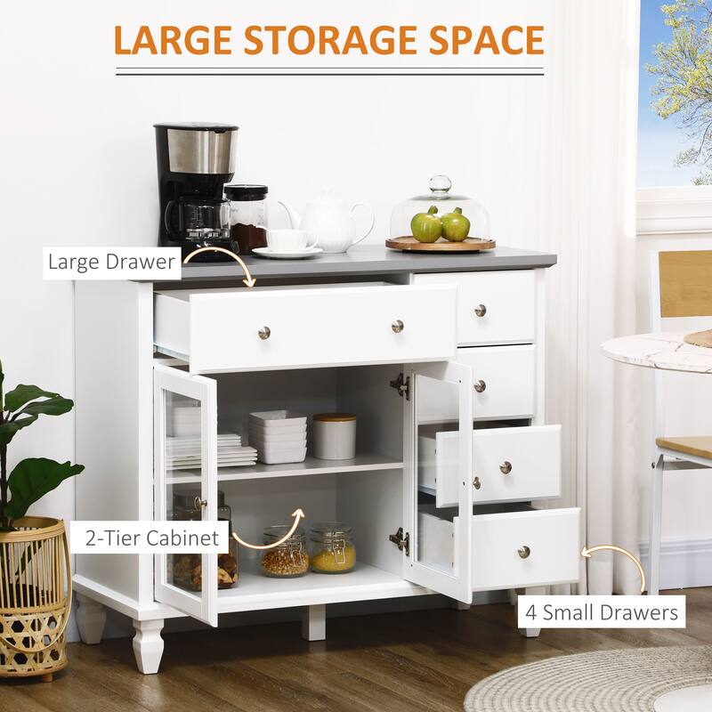 HOMCOM Kitchen Sideboard, Buffet Cabinet with 5 Storage Drawers and Double Glass Door Cupboard for Living Room, White