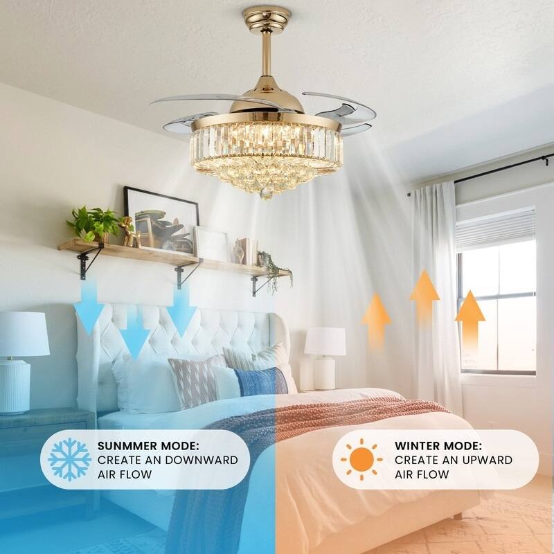 48 in. Crystal Ceiling Fan with Lights Remote Control Retractable Dimmable Fandelier Reversible LED Ceiling Fan for Bedroom