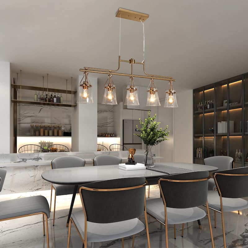 Haye Modern Gold Brass 5-Light Chandelier Seeded Glass Kitchen Island Lights for Dining Room - L37.8" x W 5.3" x H16.5"