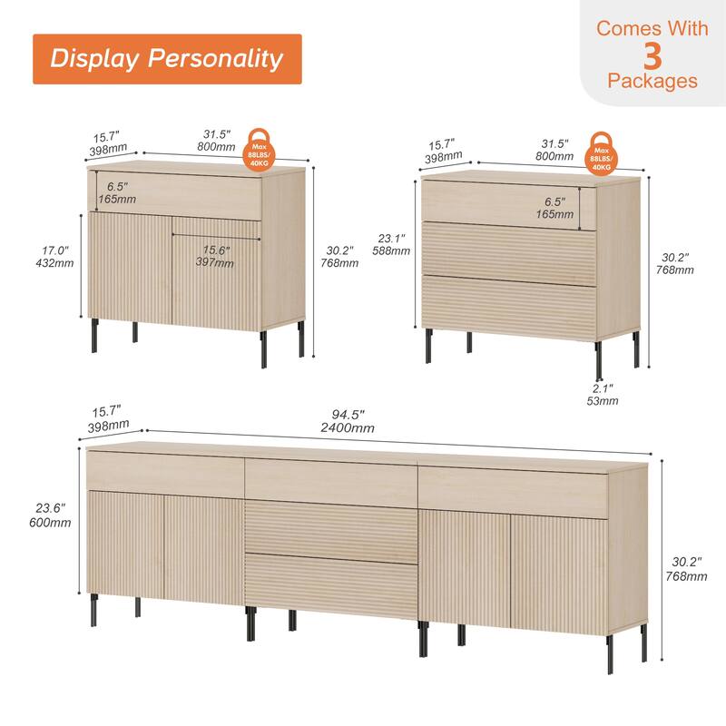 94.5" Modern Reeded 5-Drawer Dresser Set For Bedroom, Minimalist Chest Of Drawers With Storage