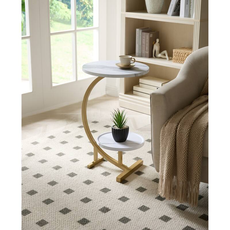 Rouge Collection Gold Metal Faux Marble 2-Tier Oval Side Table - White