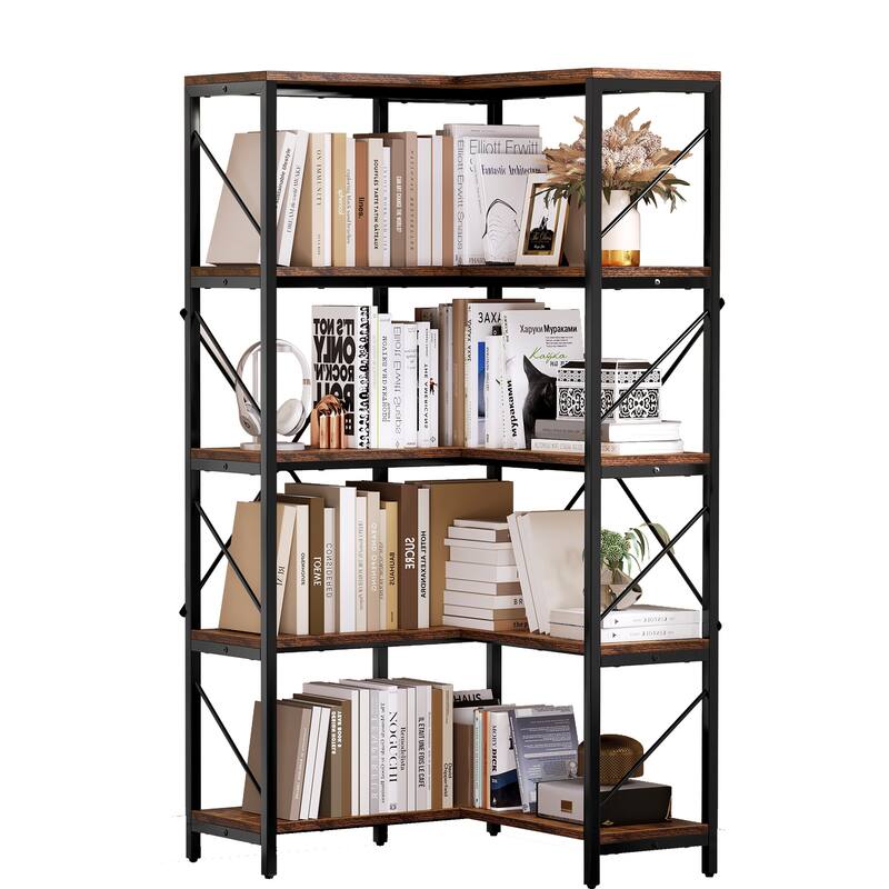 Moasis Industrial 5 Tier Corner Bookshelf Large 65 Inches Bookcase Display Corner Shelf