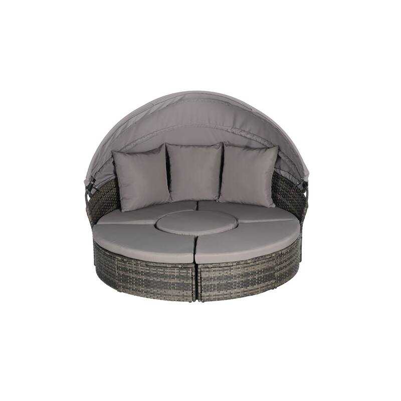 5-Piece Outdoor Patio Conversation Set Wicker Daybed Set with Canopy, Storable Table&Soft Cushions