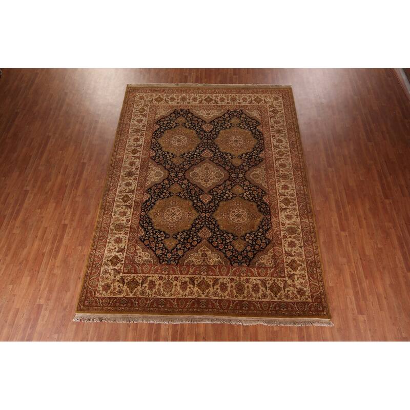 Black Floral Agra Oriental Area Rug Hand-Knotted Wool Carpet - 9'4" X 12'8"