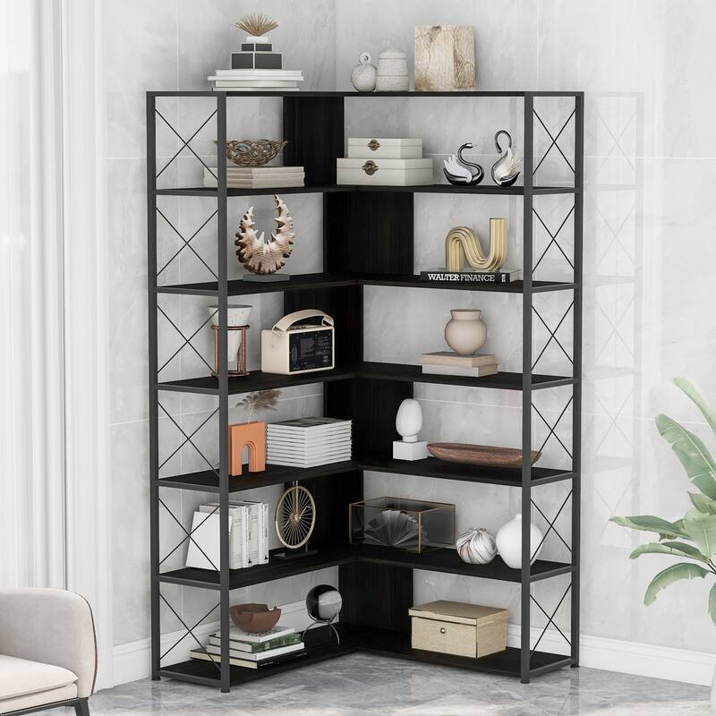 7-Tier Bookcase Home Office Bookshelf, L-Shaped Corner Bookcase with Metal Frame